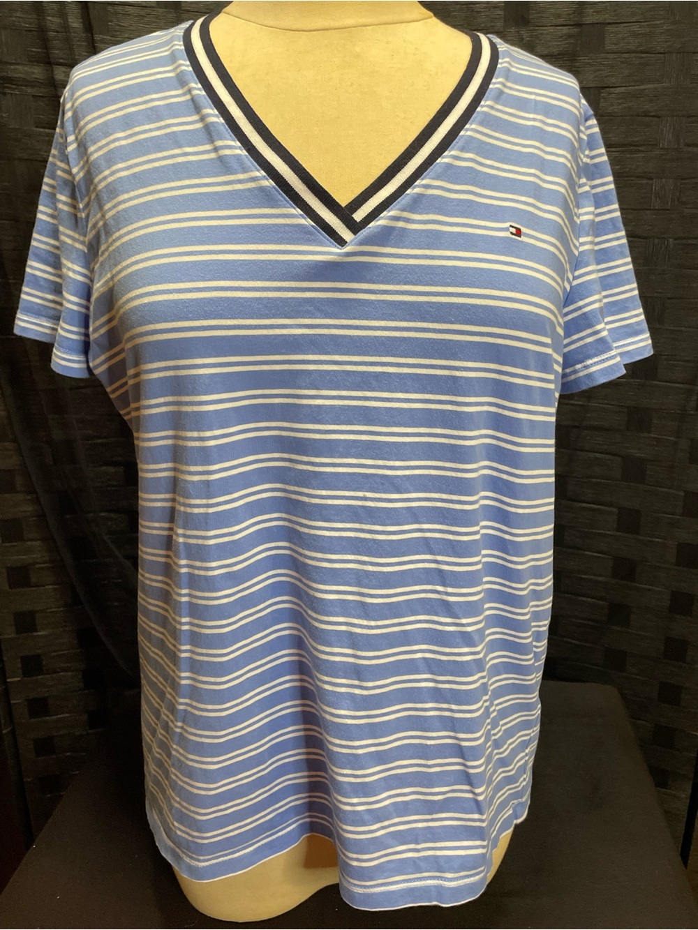 Tommy Hilfiger Light Blue and White Striped V-Neck Tee with Navy Trim